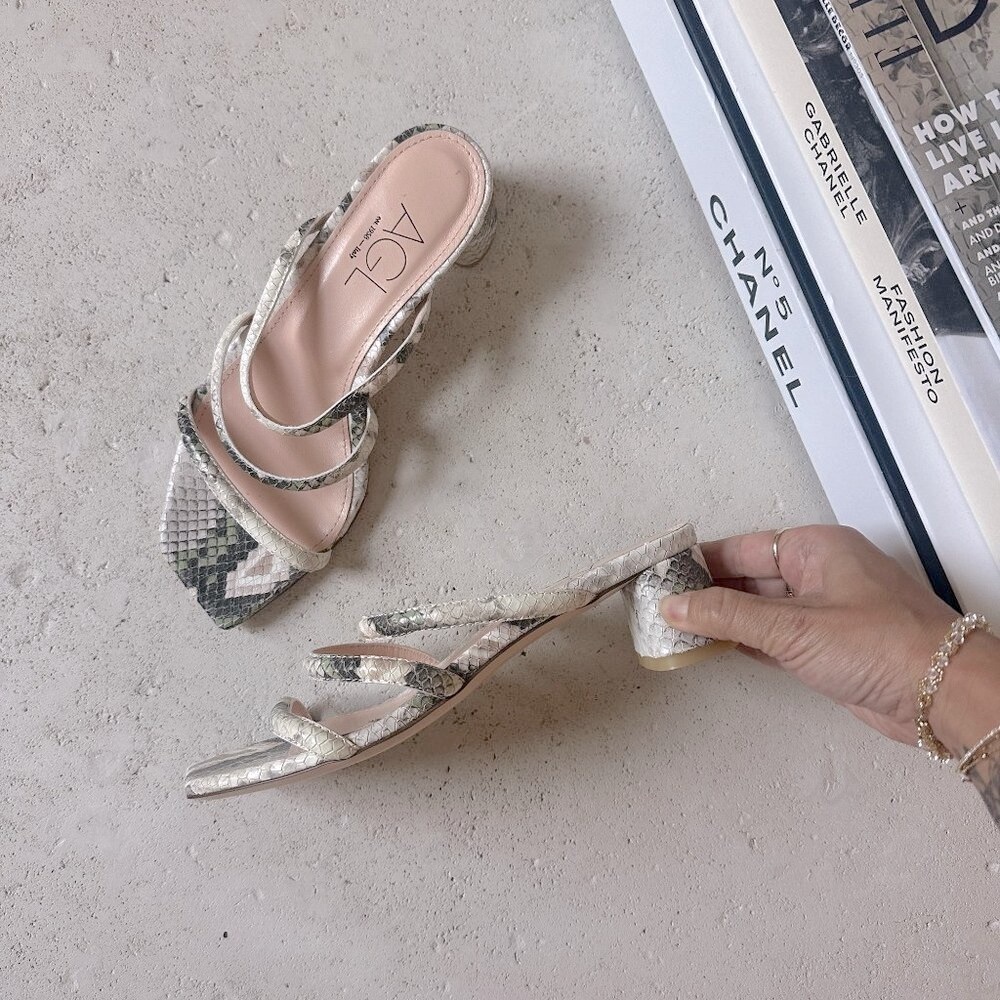 NEW Anthropologie AGL Leather Snakeskin Strappy Block Heel Mules Sandal Heel 37